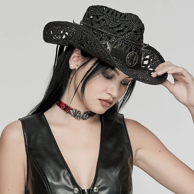 Damen Punk Cutout Nieten gewebter Hut Schwarz