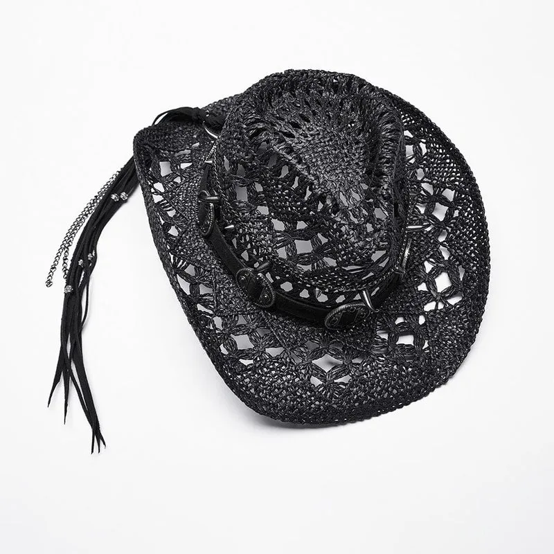 Damen Punk Cutout Nieten gewebter Hut Schwarz