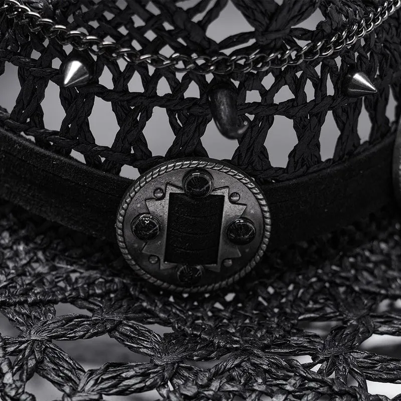 Damen Punk Cutout Nieten gewebter Hut Schwarz