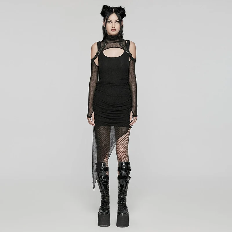 Schwarzes Partykleid im Punk-Stil mit unregelmäßigen Rüschen und Kapuzenumhang für Damen