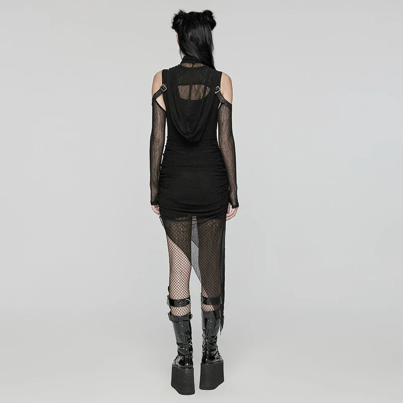 Schwarzes Partykleid im Punk-Stil mit unregelmäßigen Rüschen und Kapuzenumhang für Damen