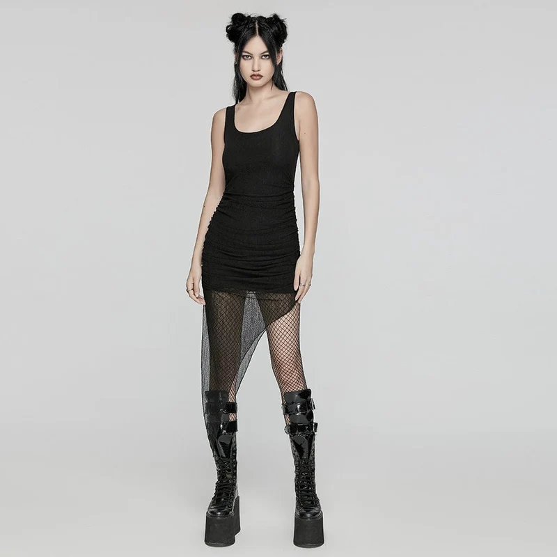 Schwarzes Partykleid im Punk-Stil mit unregelmäßigen Rüschen und Kapuzenumhang für Damen