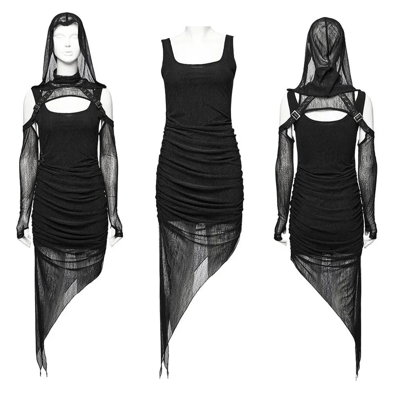Schwarzes Partykleid im Punk-Stil mit unregelmäßigen Rüschen und Kapuzenumhang für Damen