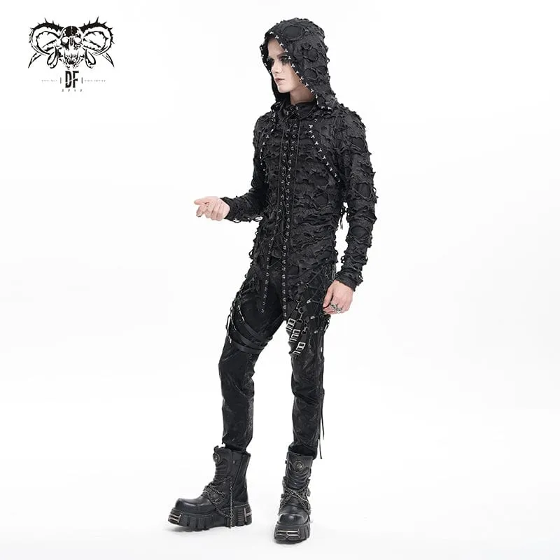 Zerrissene Gothic-Kapuzenpullover mit Schnürung und Nieten für Herren