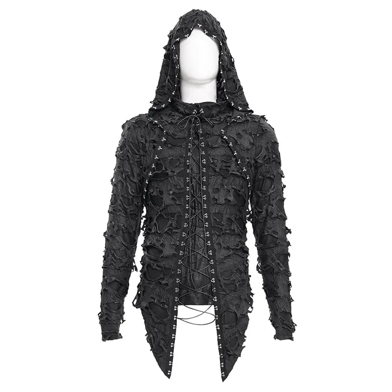 Zerrissene Gothic-Kapuzenpullover mit Schnürung und Nieten für Herren