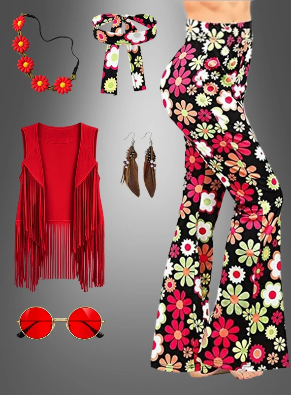Hippie Kostüm Set Flowers rot mit Accessoires