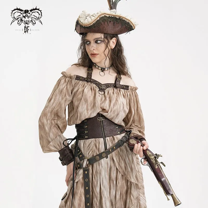 Damen Steampunk Schnallen Neckholder Langarm Blusen Kaffee