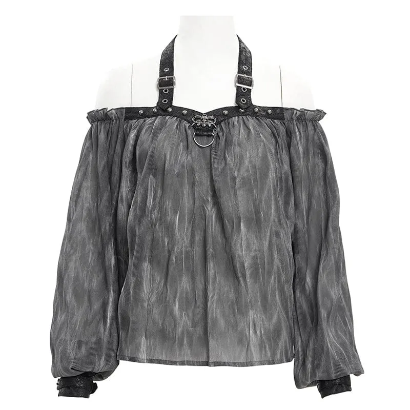Gothic Neckholder-Langarmblusen mit Schnalle für Damen