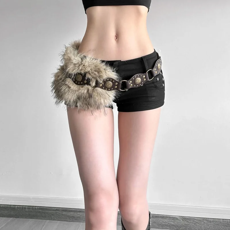 Fluffy patchwork buckle decor belt