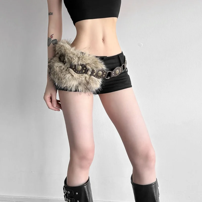 Fluffy patchwork buckle decor belt