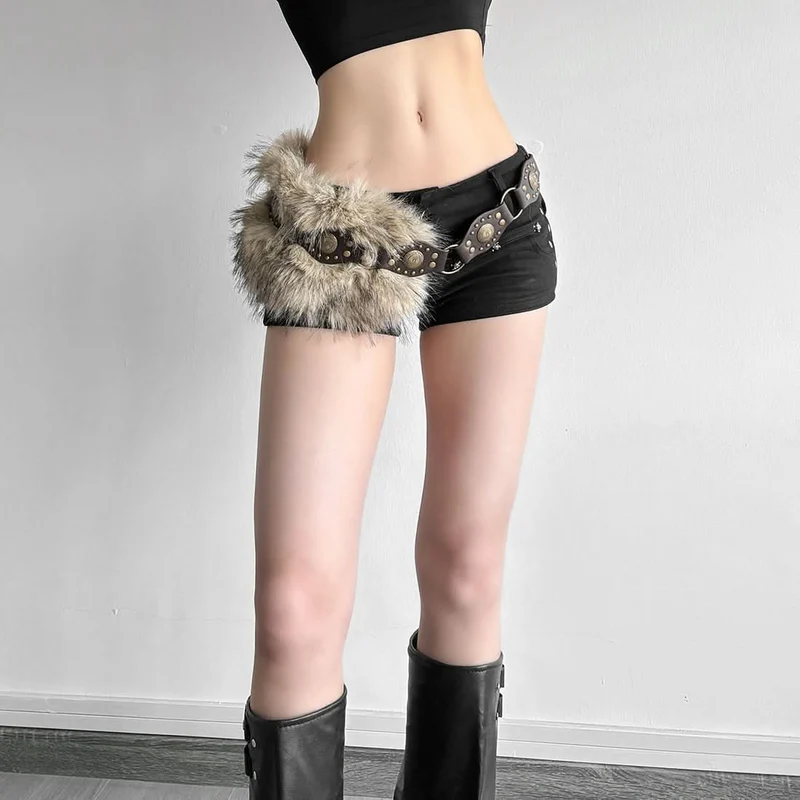 Fluffy patchwork buckle decor belt