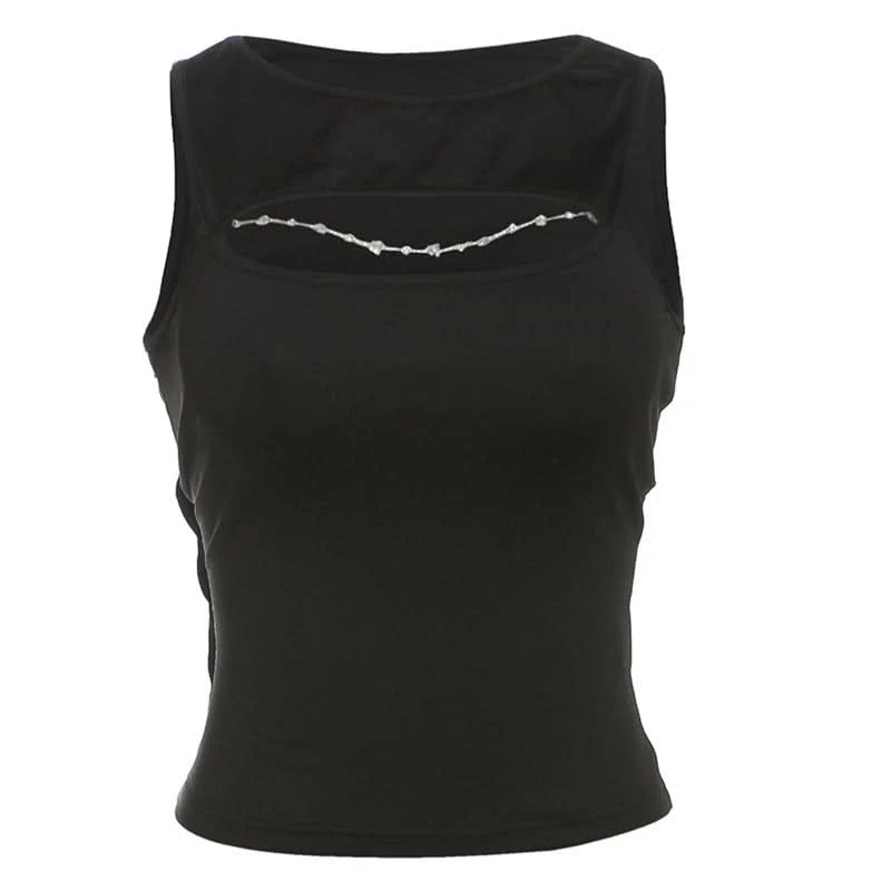 Cut out metal chain crewneck top