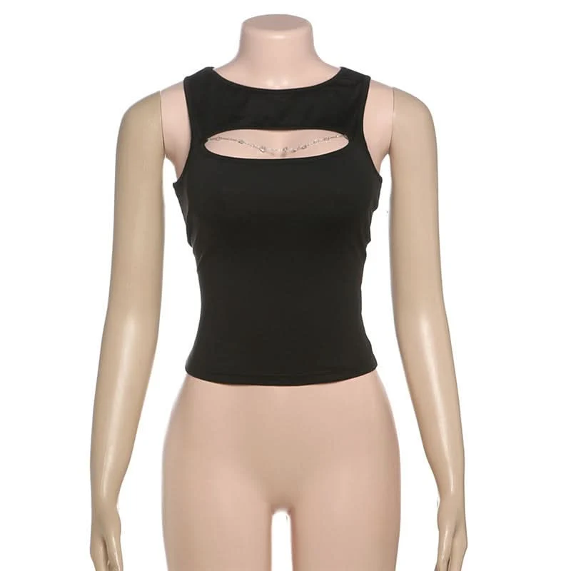 Cut out metal chain crewneck top