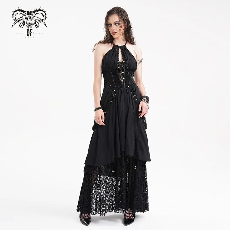 Gothic Maxikleid mit Cut-out und Spitzenträgern für Damen
