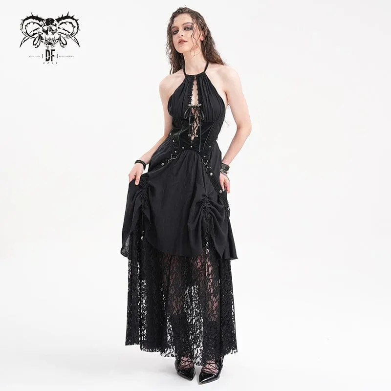 Gothic Maxikleid mit Cut-out und Spitzenträgern für Damen
