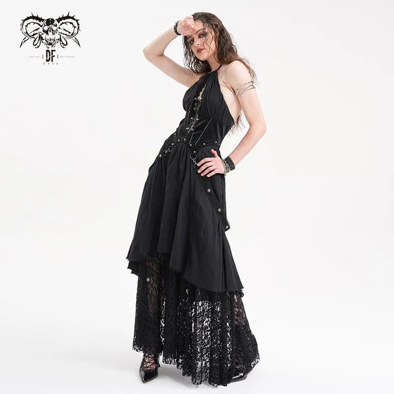 Gothic Maxikleid mit Cut-out und Spitzenträgern für Damen