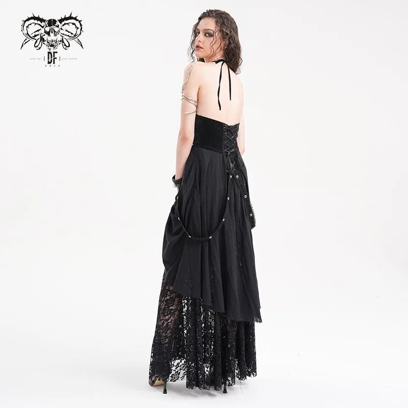 Gothic Maxikleid mit Cut-out und Spitzenträgern für Damen