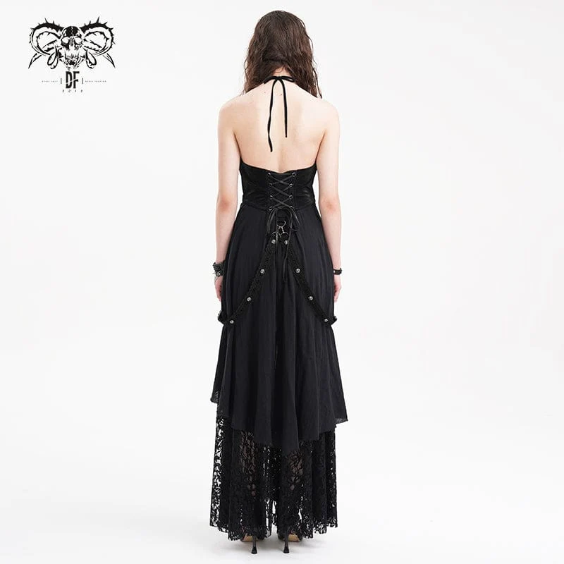 Gothic Maxikleid mit Cut-out und Spitzenträgern für Damen