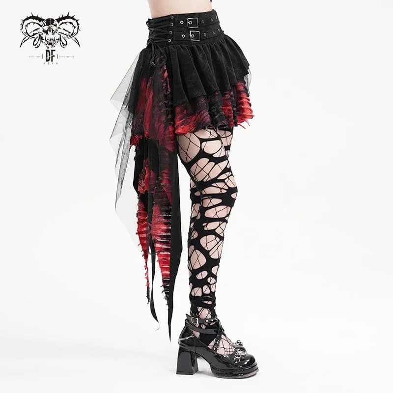 Damen Gothic Ösen Mesh Unregelmäßiger Saum Rock Schwarz Rot