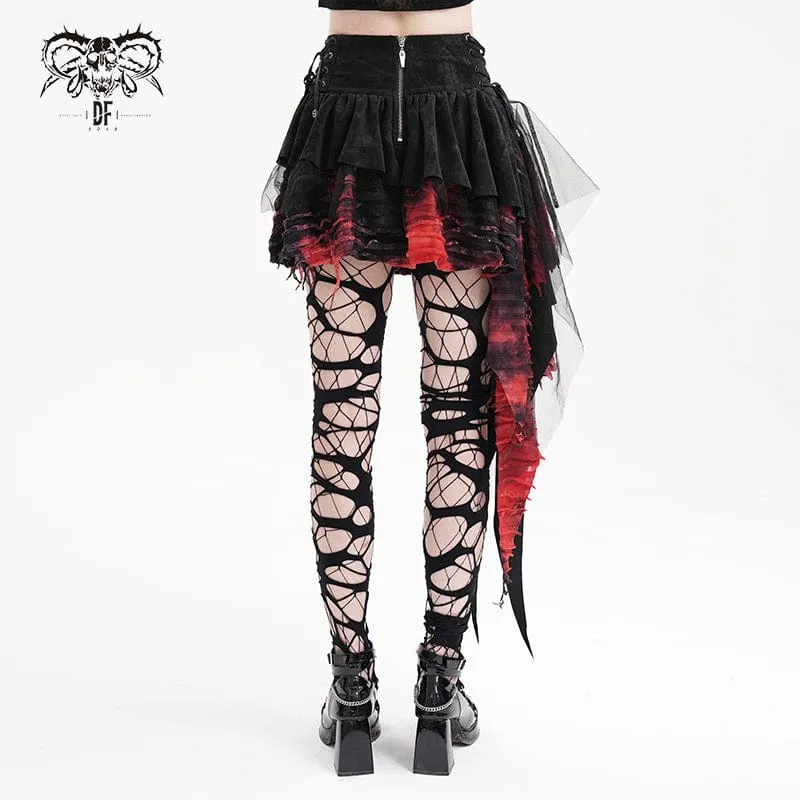 Damen Gothic Ösen Mesh Unregelmäßiger Saum Rock Schwarz Rot