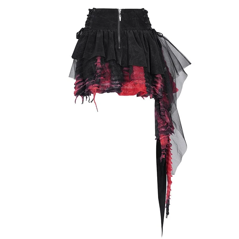 Damen Gothic Ösen Mesh Unregelmäßiger Saum Rock Schwarz Rot