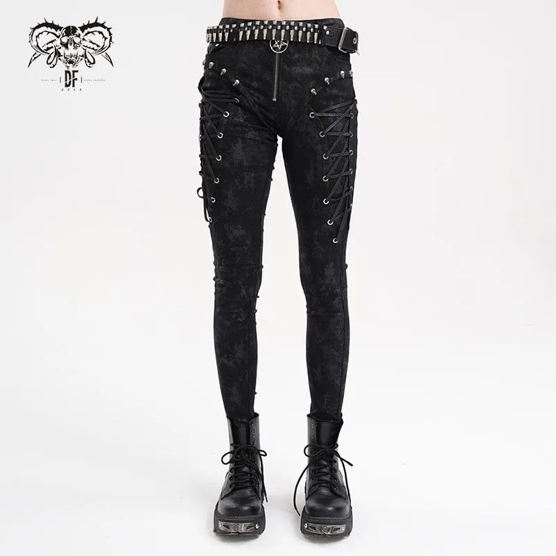 Punk-Schnürhose mit Totenkopf-Nieten für Damen