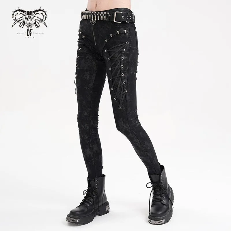 Punk-Schnürhose mit Totenkopf-Nieten für Damen