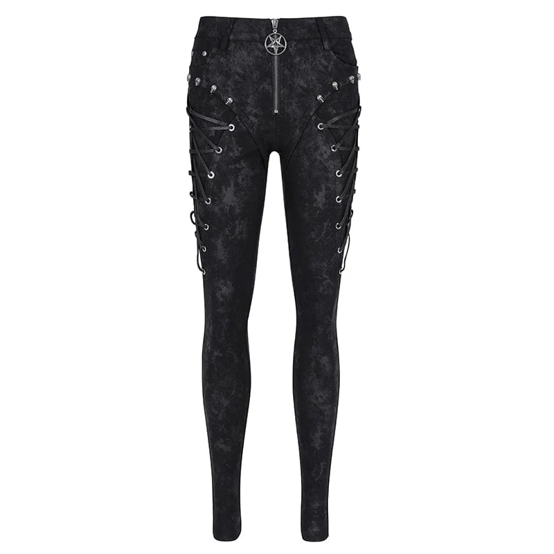 Punk-Schnürhose mit Totenkopf-Nieten für Damen