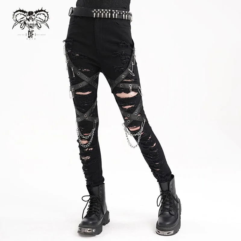 Damen Punk zerrissene Ösen Ketten Hose