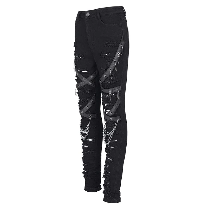 Damen Punk zerrissene Ösen Ketten Hose