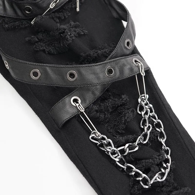 Damen Punk zerrissene Ösen Ketten Hose