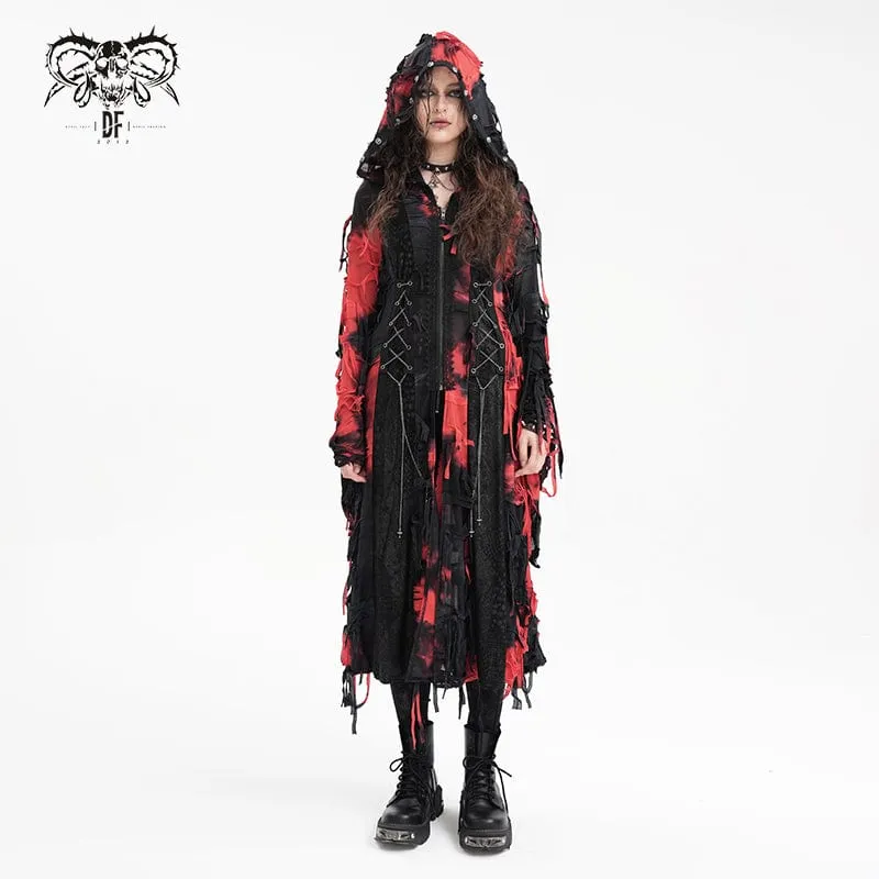 Damen Punk Ripped Chain Lace Mantel Schwarz-Rot