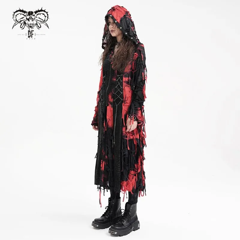 Damen Punk Ripped Chain Lace Mantel Schwarz-Rot