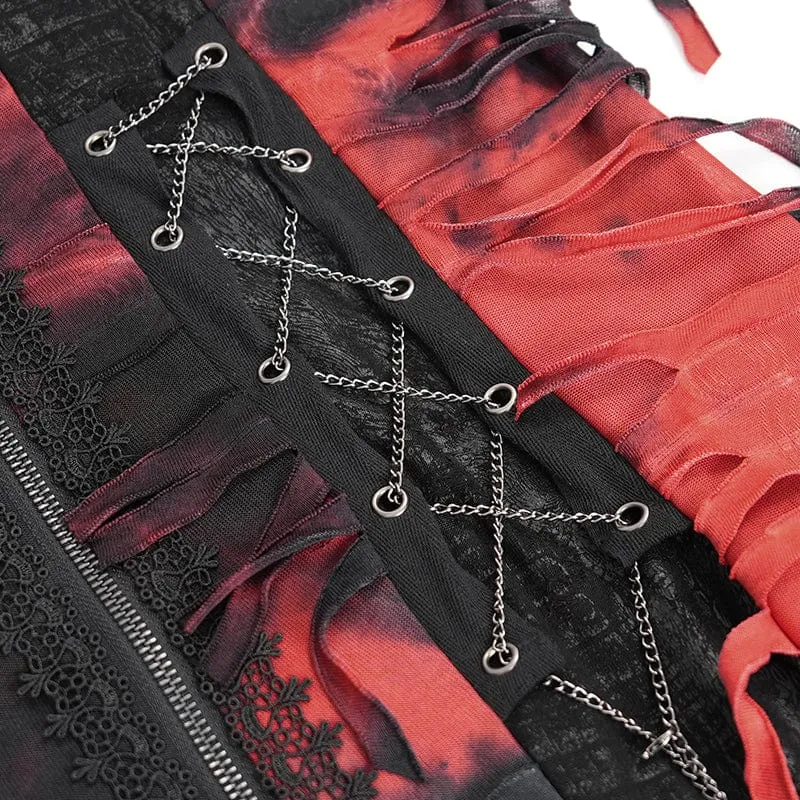 Damen Punk Ripped Chain Lace Mantel Schwarz-Rot