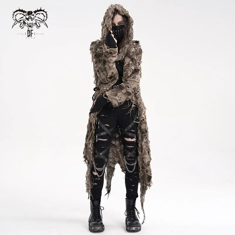 Damen Punk Ripped Eyelets Zip Cape Kaffee