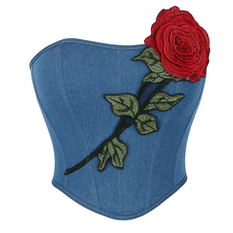 Gothic Überbrustkorsett mit Schnürung und bestickter Rose für Damen Blau