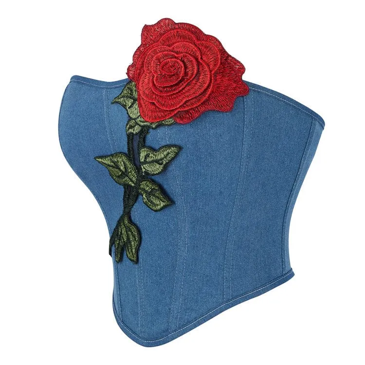 Gothic Überbrustkorsett mit Schnürung und bestickter Rose für Damen Blau