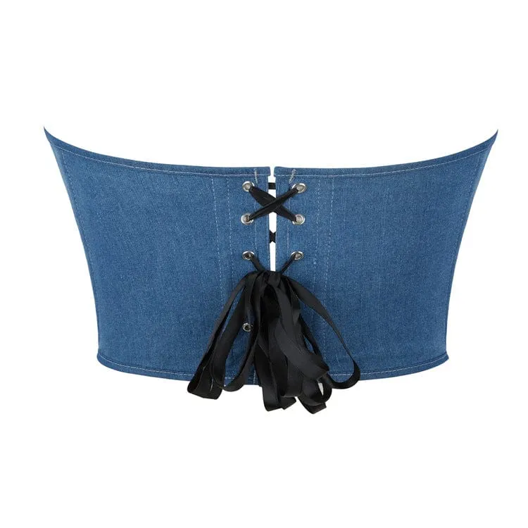 Gothic Überbrustkorsett mit Schnürung und bestickter Rose für Damen Blau