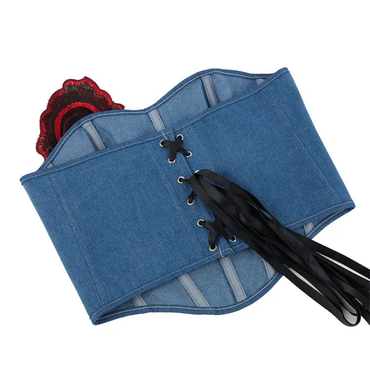 Gothic Überbrustkorsett mit Schnürung und bestickter Rose für Damen Blau