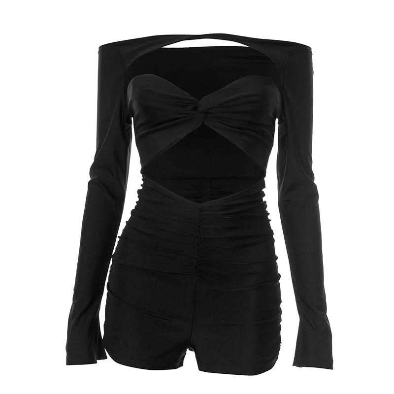 Long sleeve hollow out ruched off shoulder romper