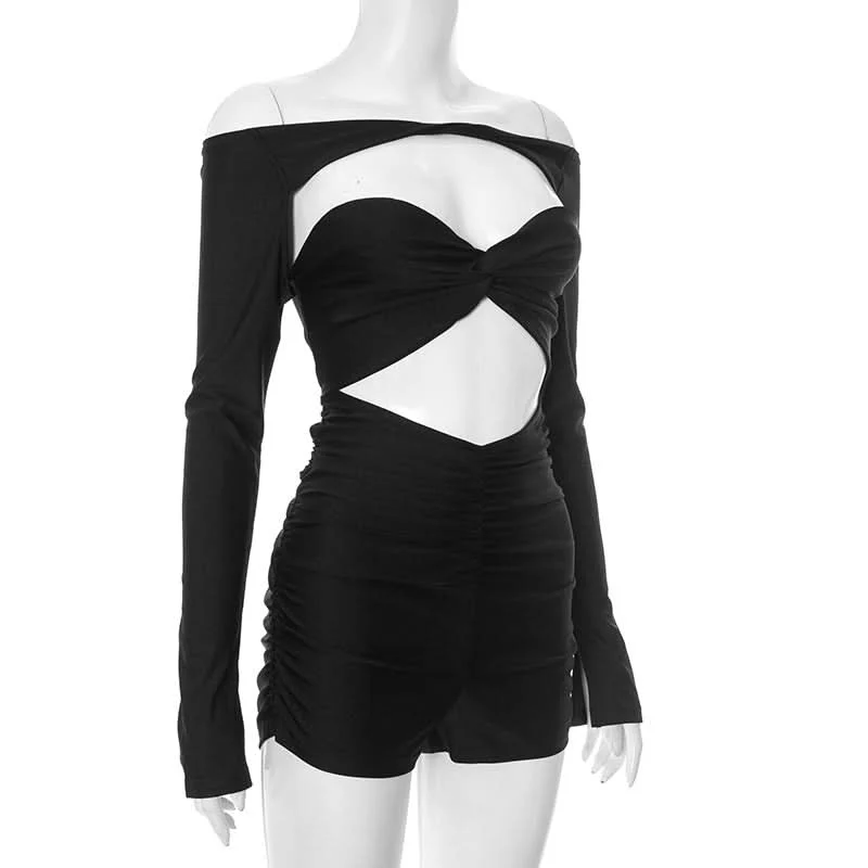 Long sleeve hollow out ruched off shoulder romper