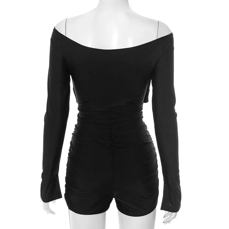 Long sleeve hollow out ruched off shoulder romper