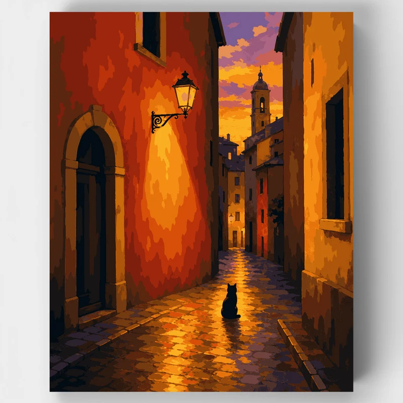 Cat at Cobblestone Dusk - Paint by Numbers Kit