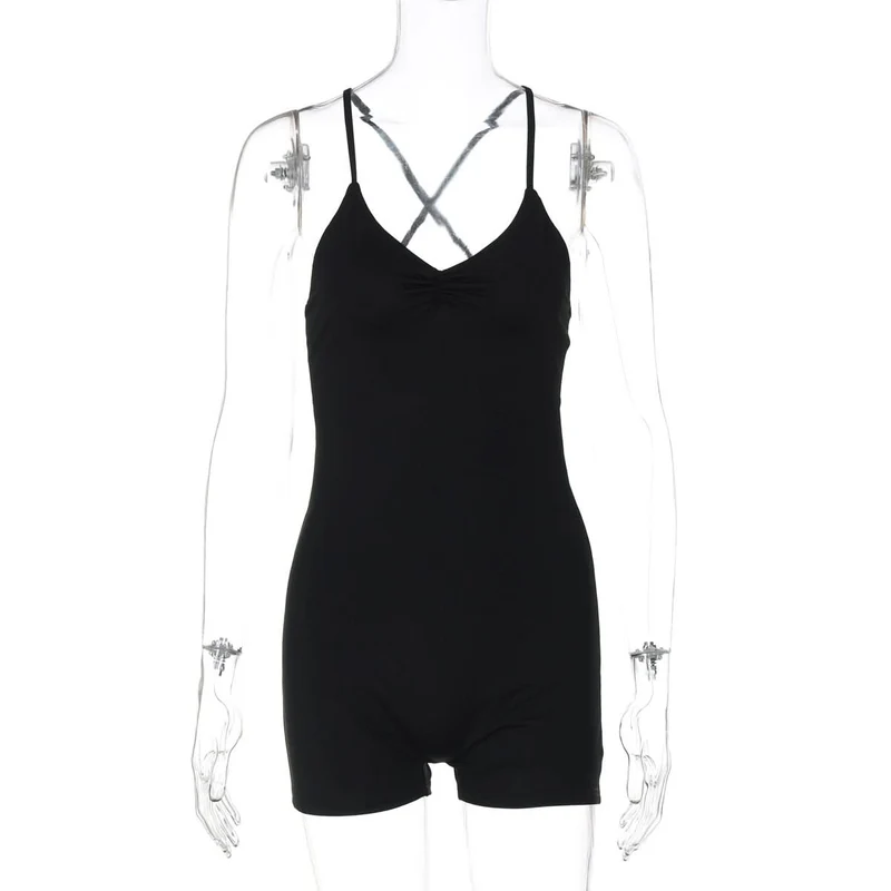 Ruched cross back v neck cami romper