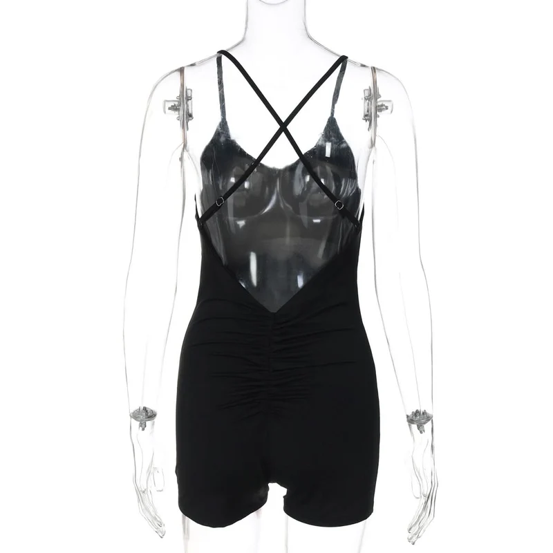 Ruched cross back v neck cami romper
