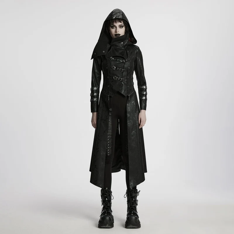 Gothic-Kochmantel aus Kunstleder für Damen in Schwarz mit Stretch-Twill-Stoff