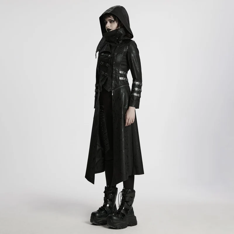Gothic-Kochmantel aus Kunstleder für Damen in Schwarz mit Stretch-Twill-Stoff