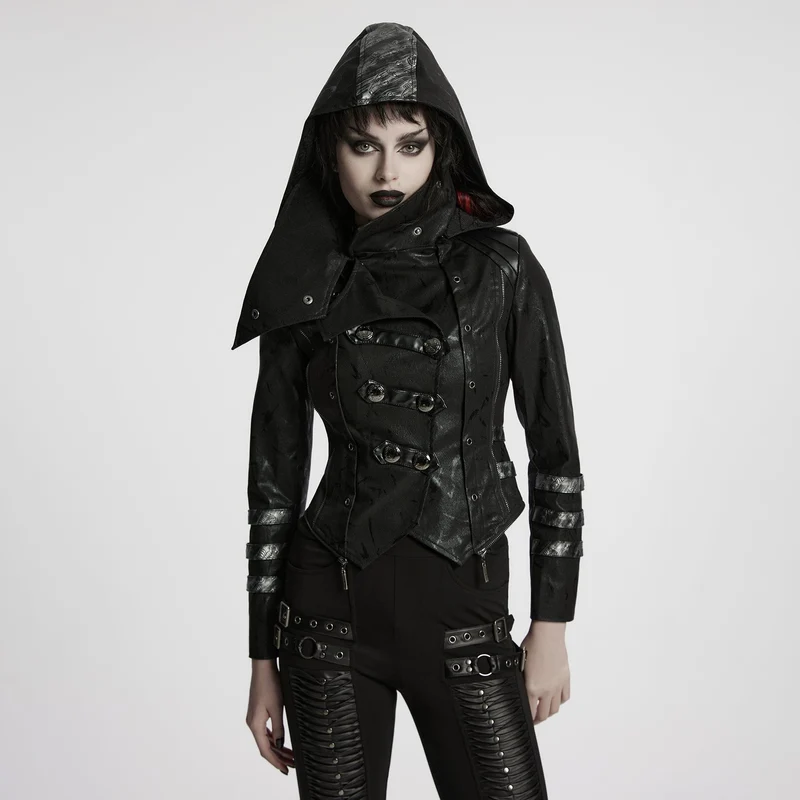 Gothic-Kochmantel aus Kunstleder für Damen in Schwarz mit Stretch-Twill-Stoff