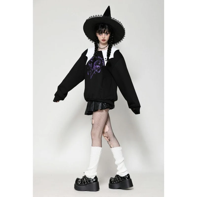 Damen Punk Batwing Sweatshirt Schwarz Weiß
