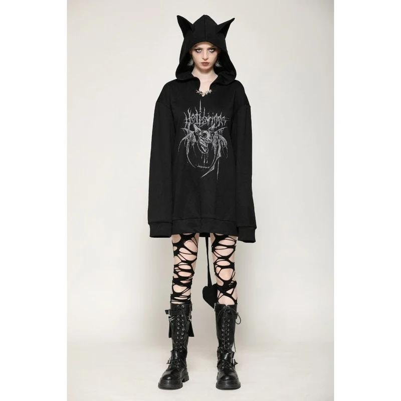 Damen Punk Star Nieten Fledermausohren Hoodie